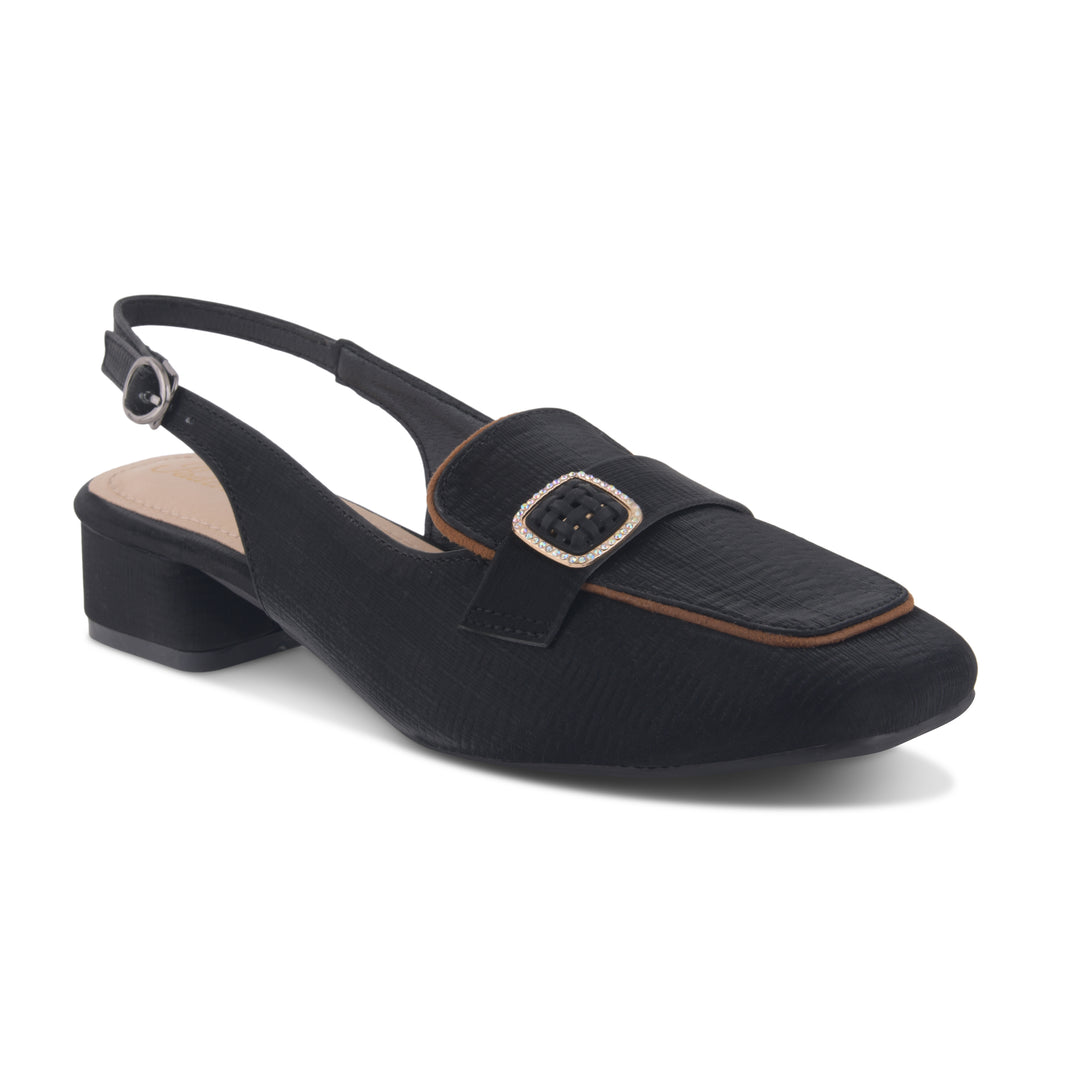 Women's Slingback Block Heel Pumps with Stone Buckle Detail Square Toe Texture Pumps Shoes