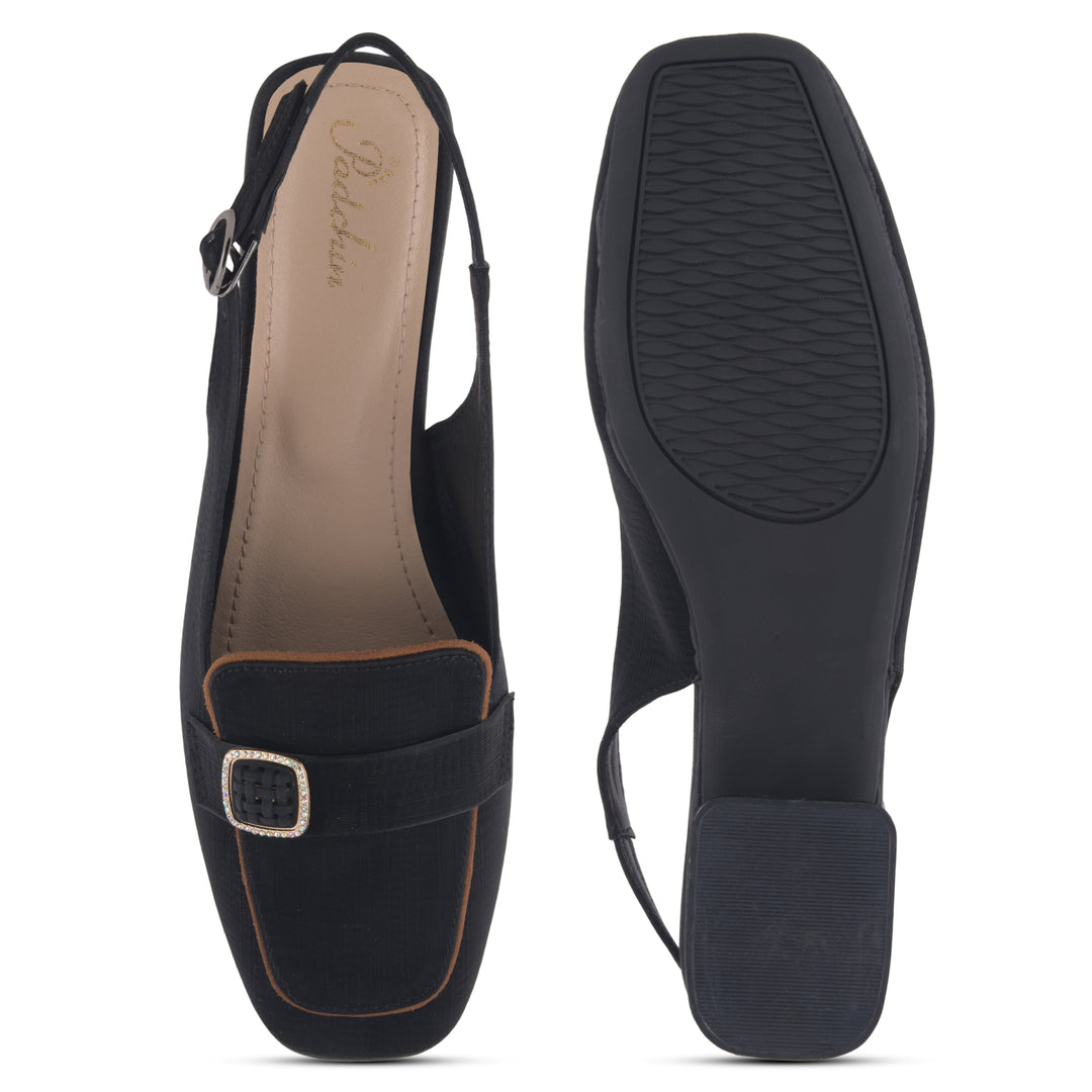 Women's Slingback Block Heel Pumps with Stone Buckle Detail Square Toe Texture Pumps Shoes