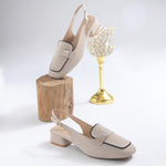 Load image into Gallery viewer, Women's Slingback Block Heel Pumps with Stone Buckle Detail Square Toe Texture Pumps Shoes