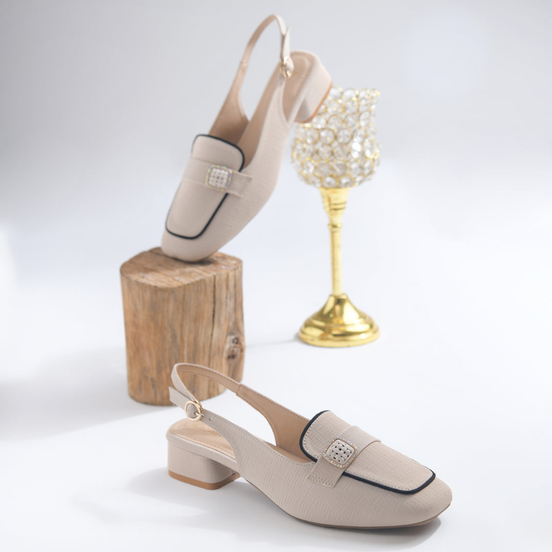 Women's Slingback Block Heel Pumps with Stone Buckle Detail Square Toe Texture Pumps Shoes