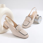 Load image into Gallery viewer, Women's Slingback Block Heel Pumps with Stone Buckle Detail Square Toe Texture Pumps Shoes