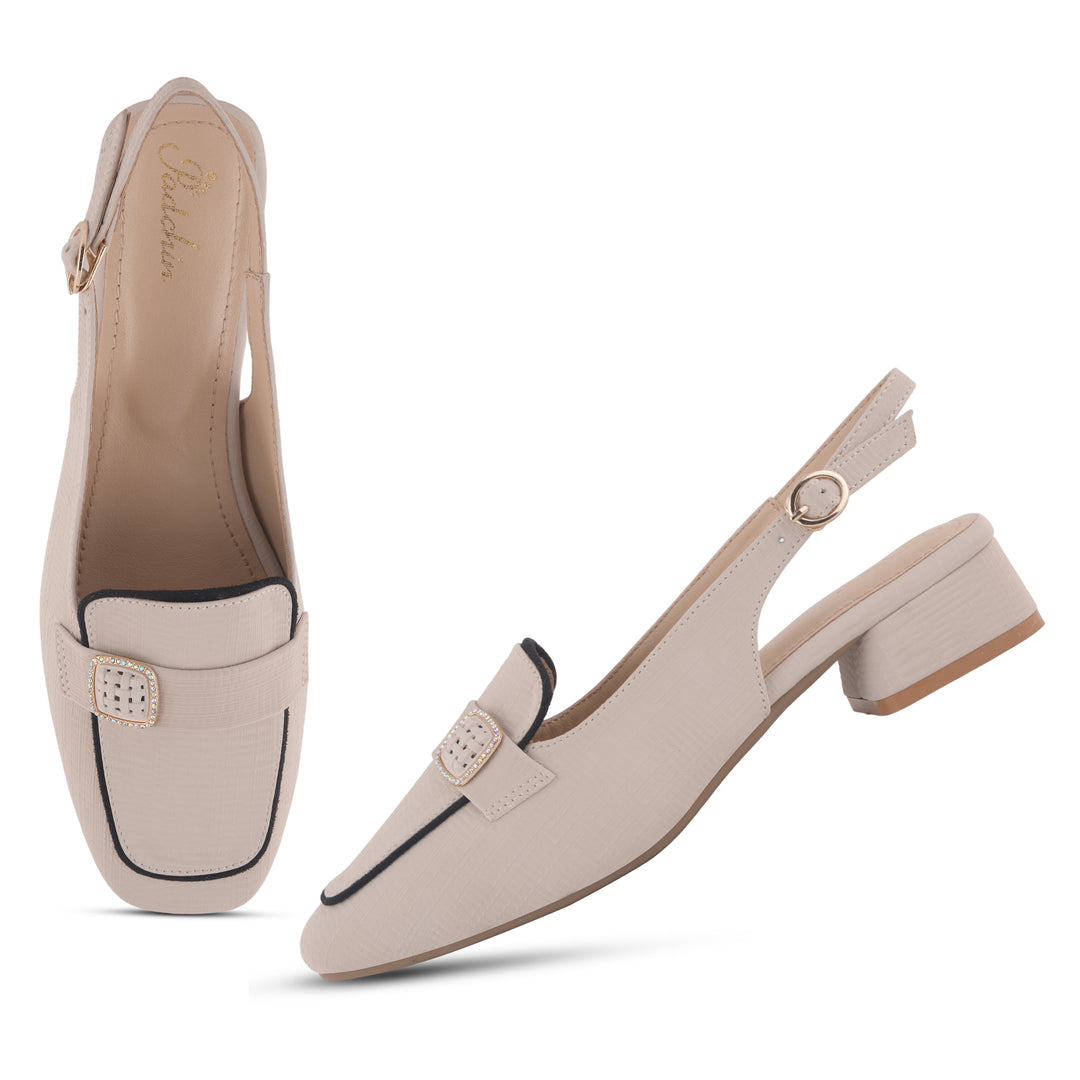 Women's Slingback Block Heel Pumps with Stone Buckle Detail Square Toe Texture Pumps Shoes
