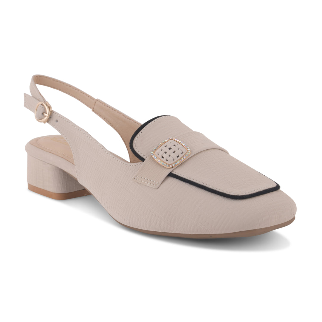 Women's Slingback Block Heel Pumps with Stone Buckle Detail Square Toe Texture Pumps Shoes