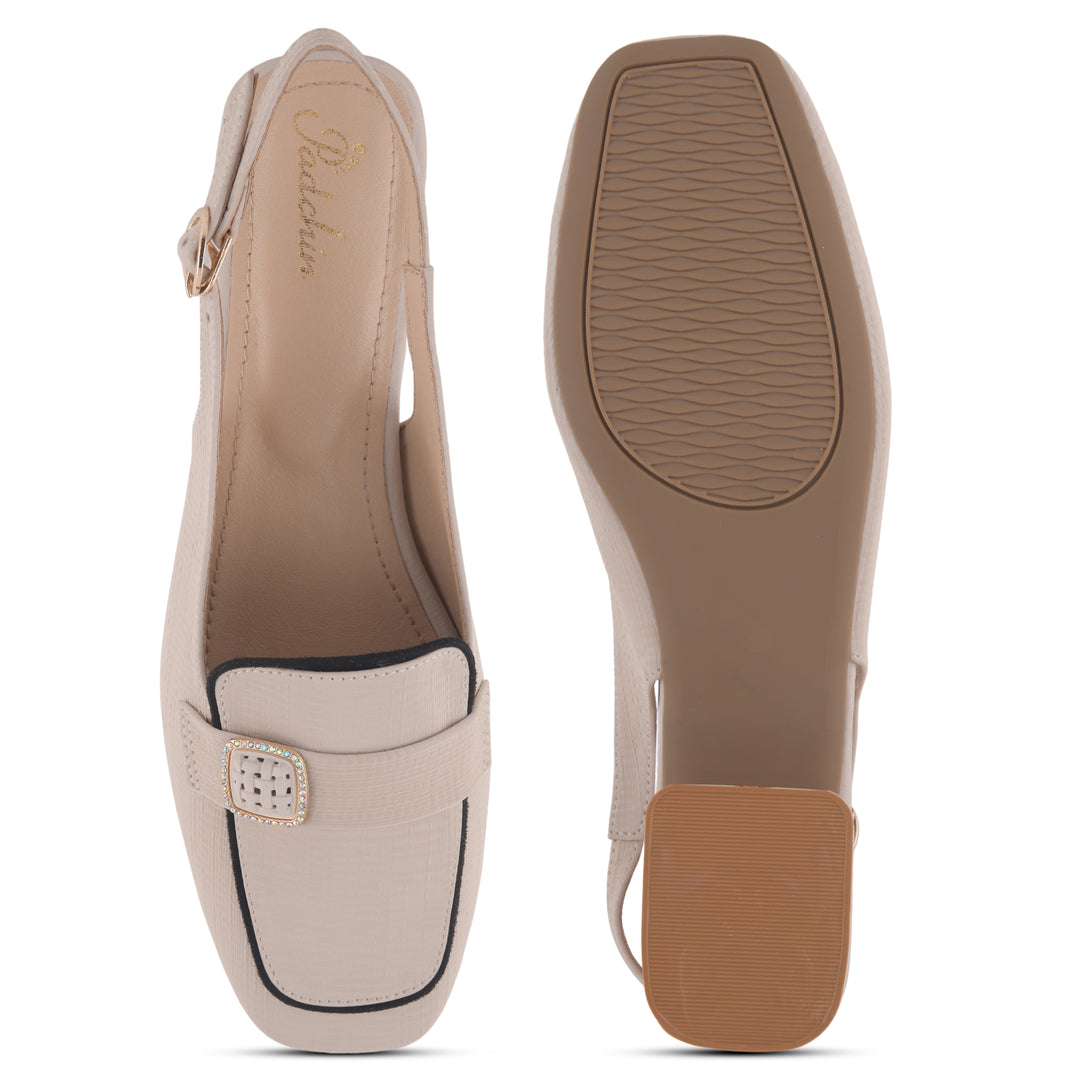 Women's Slingback Block Heel Pumps with Stone Buckle Detail Square Toe Texture Pumps Shoes