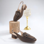 Load image into Gallery viewer, Women's Slingback Block Heel Pumps with Stone Buckle Detail Square Toe Texture Pumps Shoes