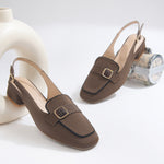 Load image into Gallery viewer, Women's Slingback Block Heel Pumps with Stone Buckle Detail Square Toe Texture Pumps Shoes