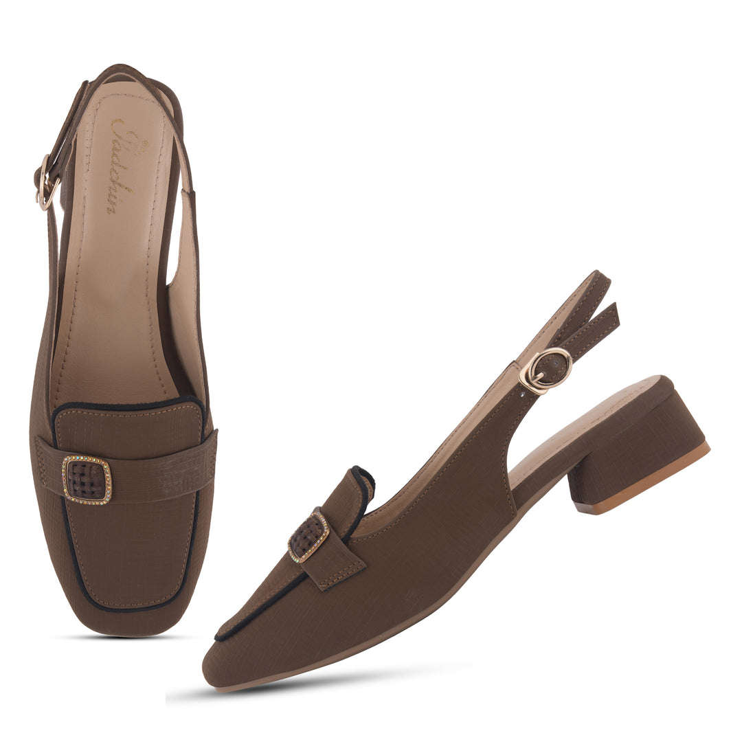Women's Slingback Block Heel Pumps with Stone Buckle Detail Square Toe Texture Pumps Shoes