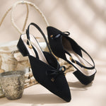Load image into Gallery viewer, Women's Pointed Toe Slingback Block Heel Pumps with Decorative Bow Low Block Heel Pumps Shoes