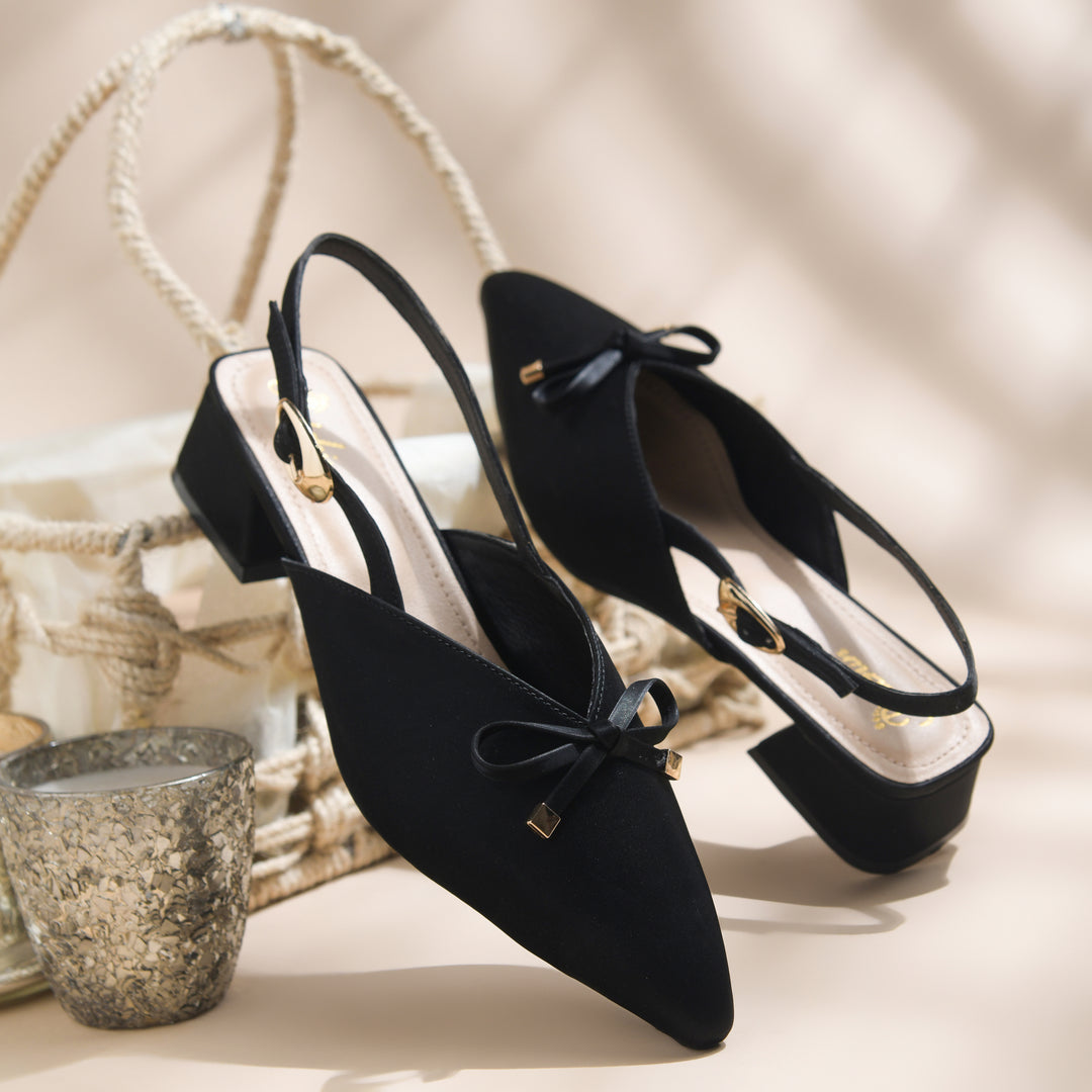 Women's Pointed Toe Slingback Block Heel Pumps with Decorative Bow Low Block Heel Pumps Shoes