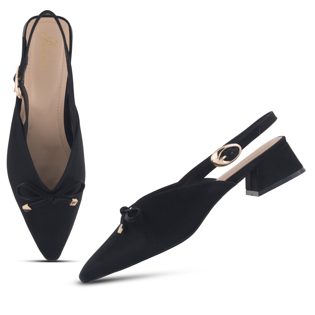Women's Pointed Toe Slingback Block Heel Pumps with Decorative Bow Low Block Heel Pumps Shoes