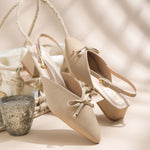 Load image into Gallery viewer, Women's Pointed Toe Slingback Block Heel Pumps with Decorative Bow Low Block Heel Pumps Shoes