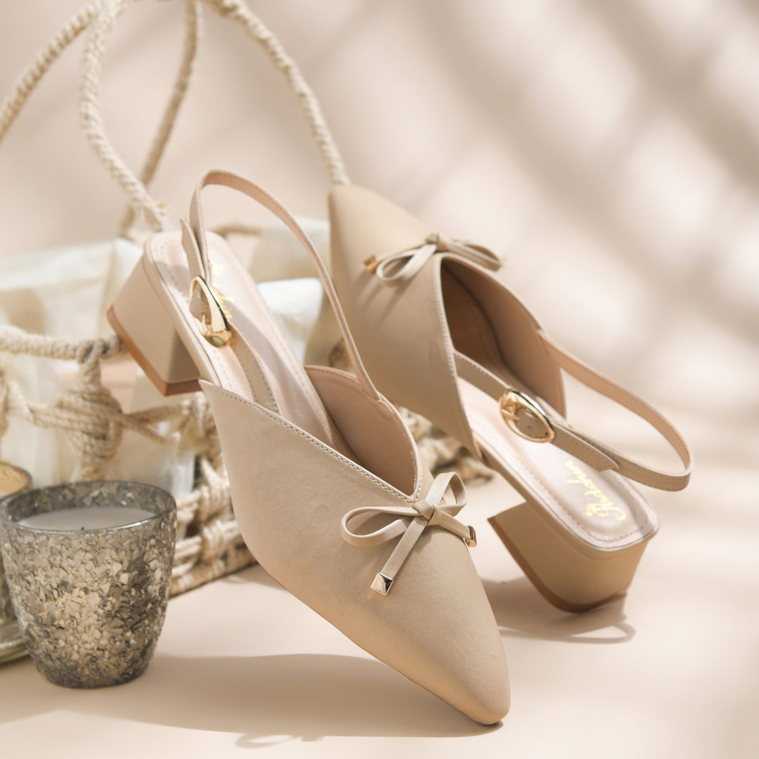 Women's Pointed Toe Slingback Block Heel Pumps with Decorative Bow Low Block Heel Pumps Shoes