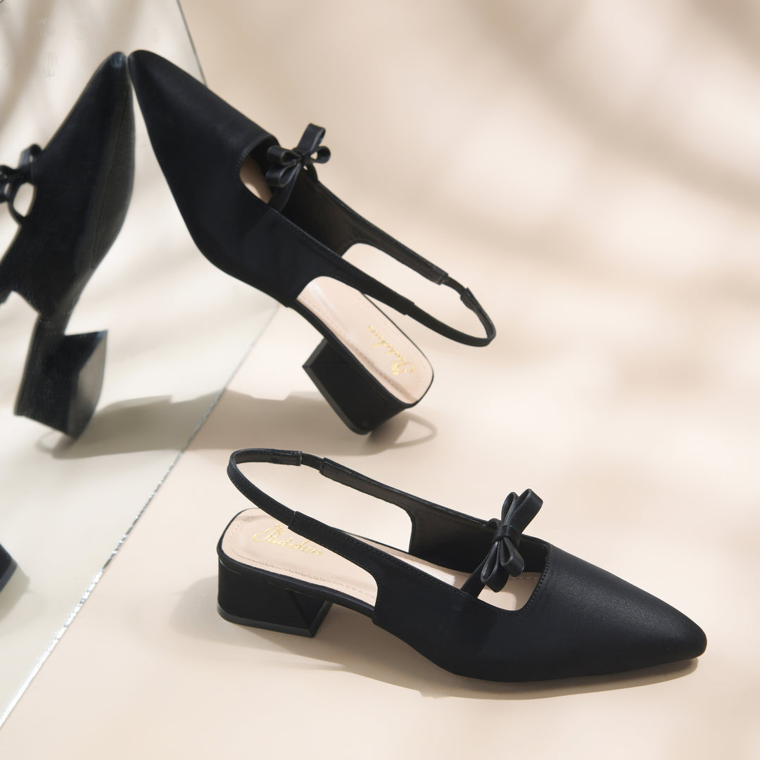 Women's Slingback Block Heel Pumps with Bow Accent Pointed Toe Low Block Heel Pumps Shoes