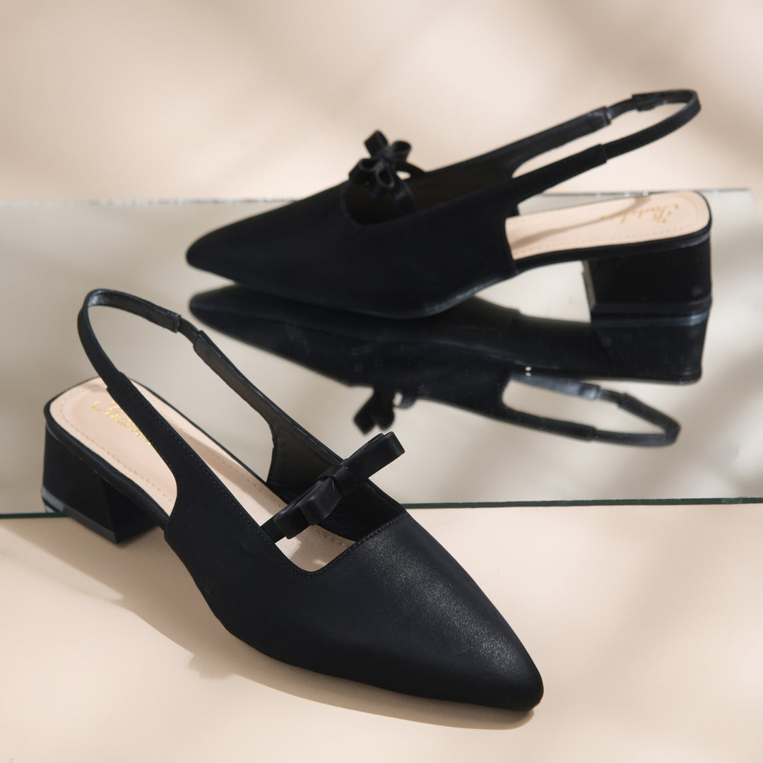 Women's Slingback Block Heel Pumps with Bow Accent Pointed Toe Low Block Heel Pumps Shoes