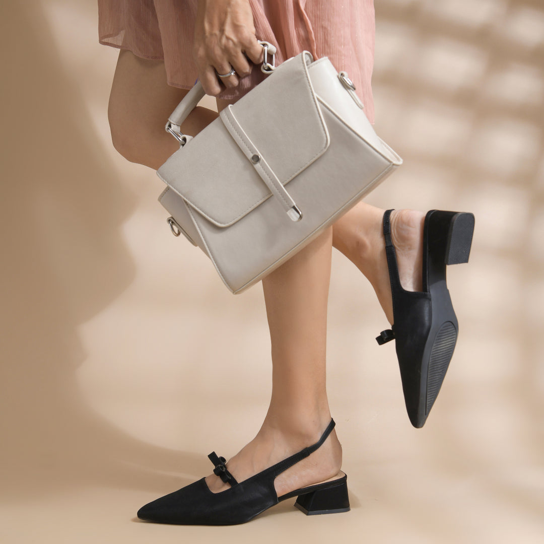 Women's Slingback Block Heel Pumps with Bow Accent Pointed Toe Low Block Heel Pumps Shoes