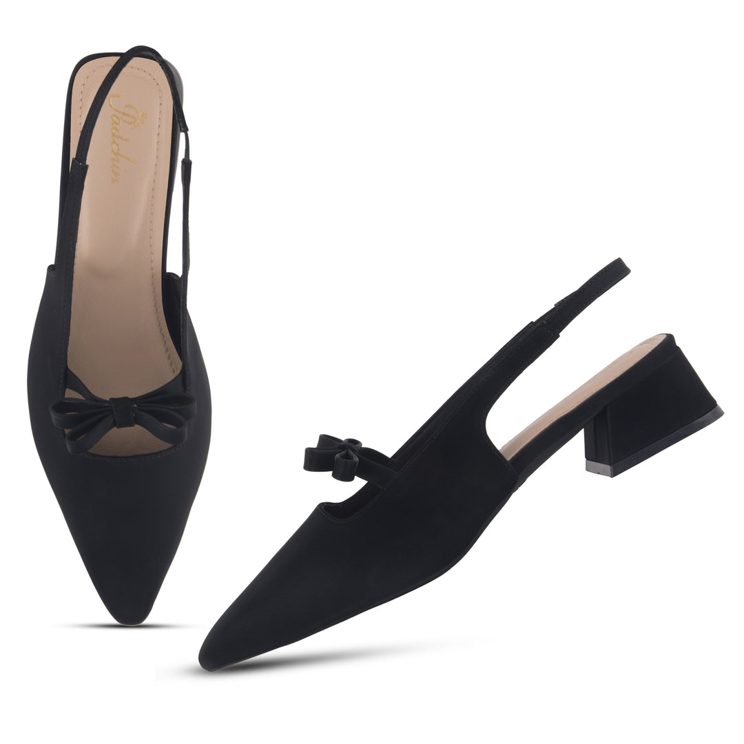 Women's Slingback Block Heel Pumps with Bow Accent Pointed Toe Low Block Heel Pumps Shoes