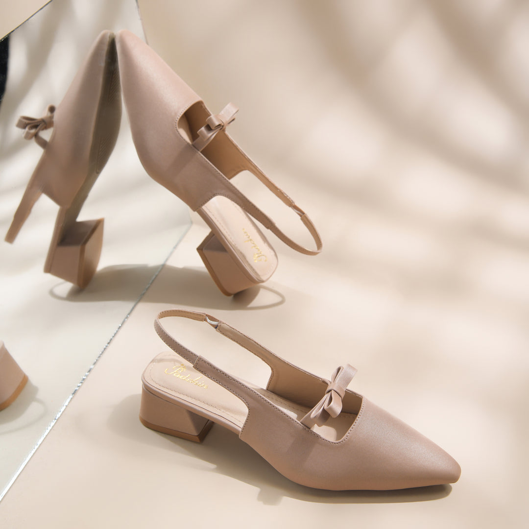 Women's Slingback Block Heel Pumps with Bow Accent Pointed Toe Low Block Heel Pumps Shoes
