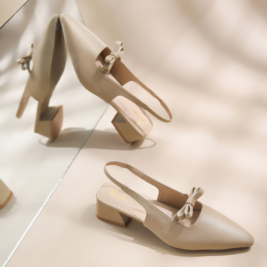 Women's Slingback Block Heel Pumps with Bow Accent Pointed Toe Low Block Heel Pumps Shoes