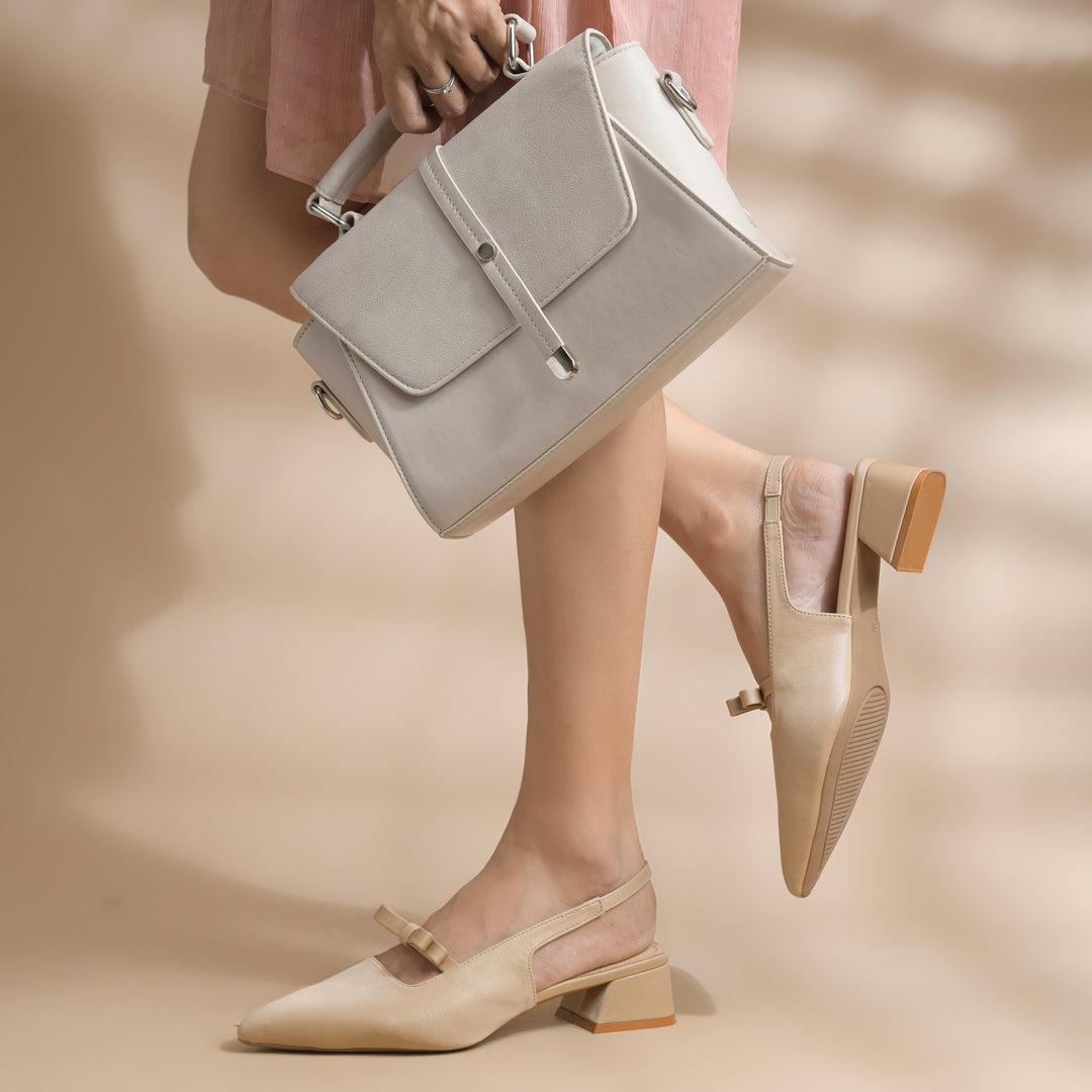 Women's Slingback Block Heel Pumps with Bow Accent Pointed Toe Low Block Heel Pumps Shoes