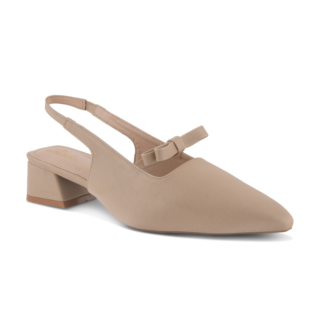 Women's Slingback Block Heel Pumps with Bow Accent Pointed Toe Low Block Heel Pumps Shoes