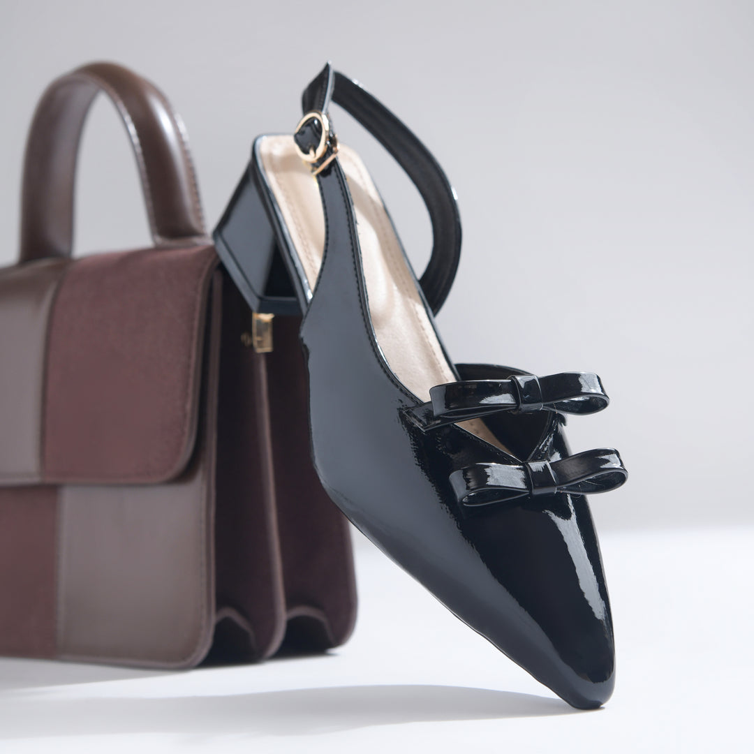 Women's Patent Slingback Block Heel Pumps with Double Bow Detail Pointed Toe Pumps Shoes