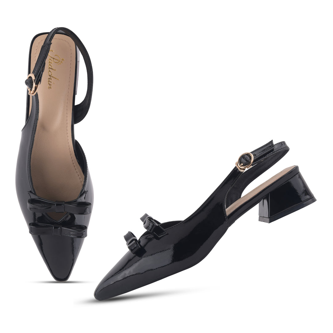 Women's Patent Slingback Block Heel Pumps with Double Bow Detail Pointed Toe Pumps Shoes