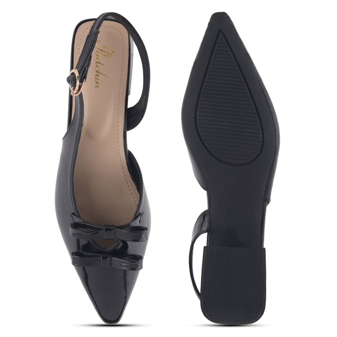 Women's Patent Slingback Block Heel Pumps with Double Bow Detail Pointed Toe Pumps Shoes