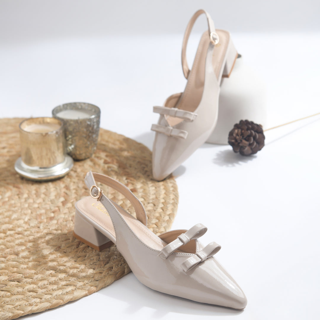 Women's Patent Slingback Block Heel Pumps with Double Bow Detail Pointed Toe Pumps Shoes