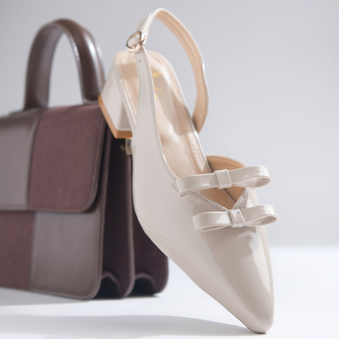 Women's Patent Slingback Block Heel Pumps with Double Bow Detail Pointed Toe Pumps Shoes