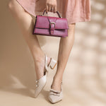 Load image into Gallery viewer, Women's Patent Slingback Block Heel Pumps with Double Bow Detail Pointed Toe Pumps Shoes