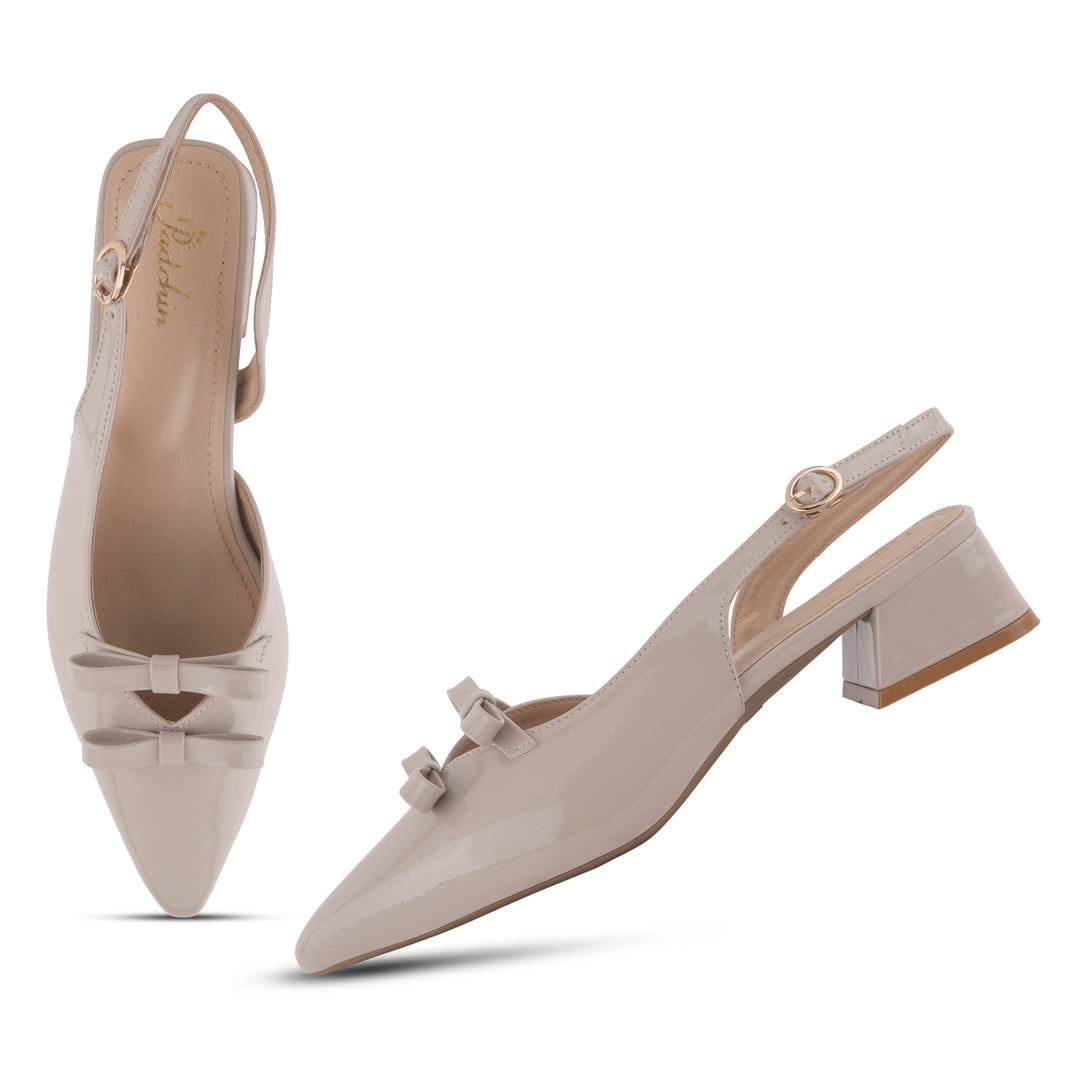Women's Patent Slingback Block Heel Pumps with Double Bow Detail Pointed Toe Pumps Shoes