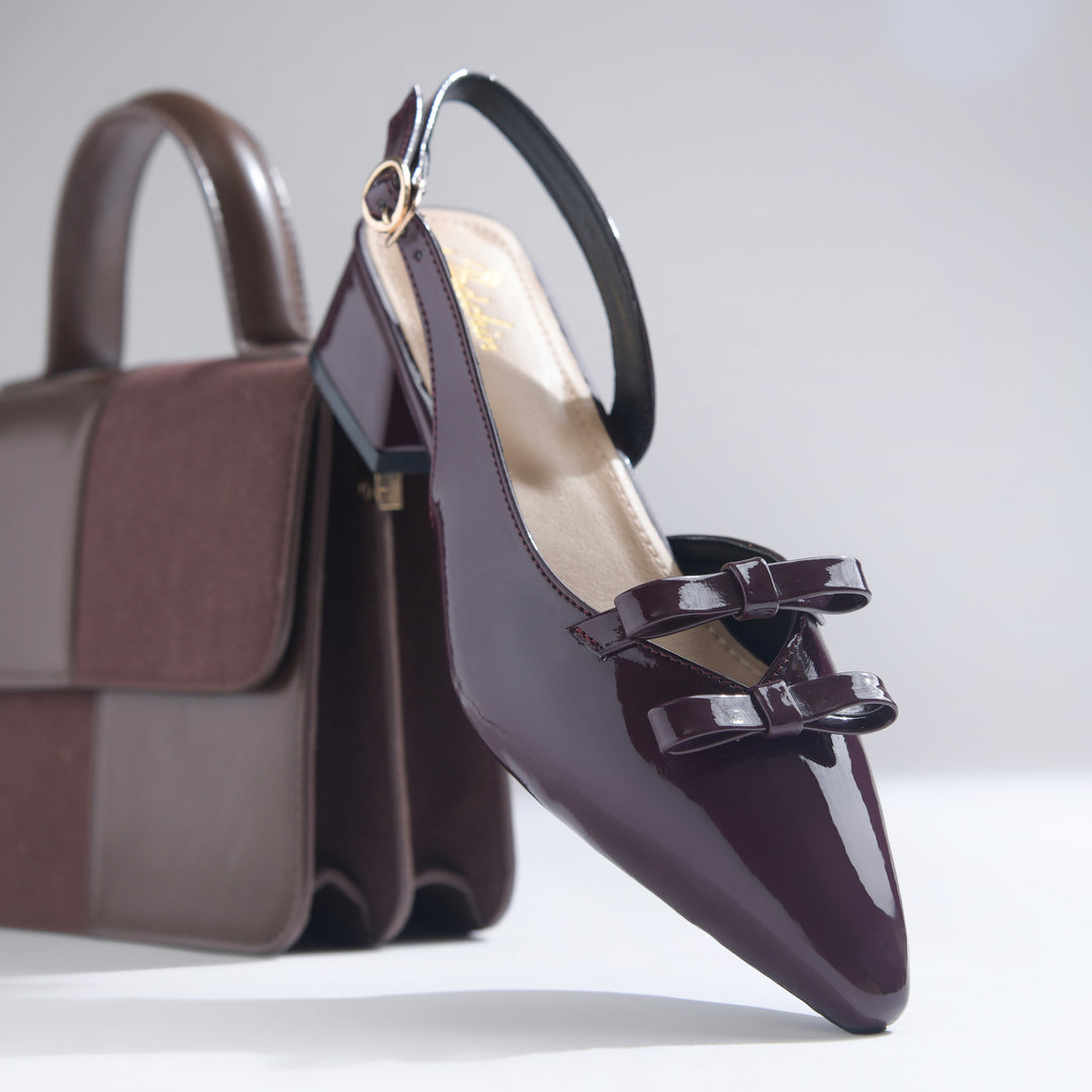 Women's Patent Slingback Block Heel Pumps with Double Bow Detail Pointed Toe Pumps Shoes