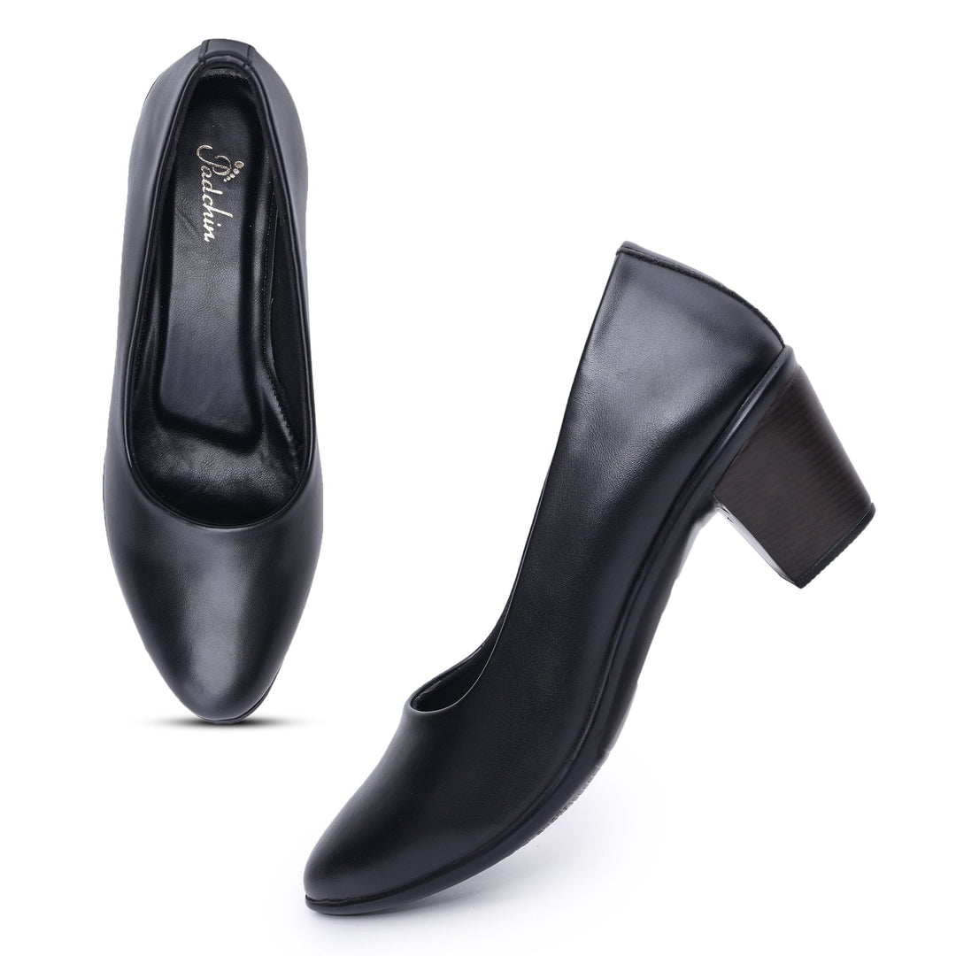 Round Toe Slip on Block Heel Pumps