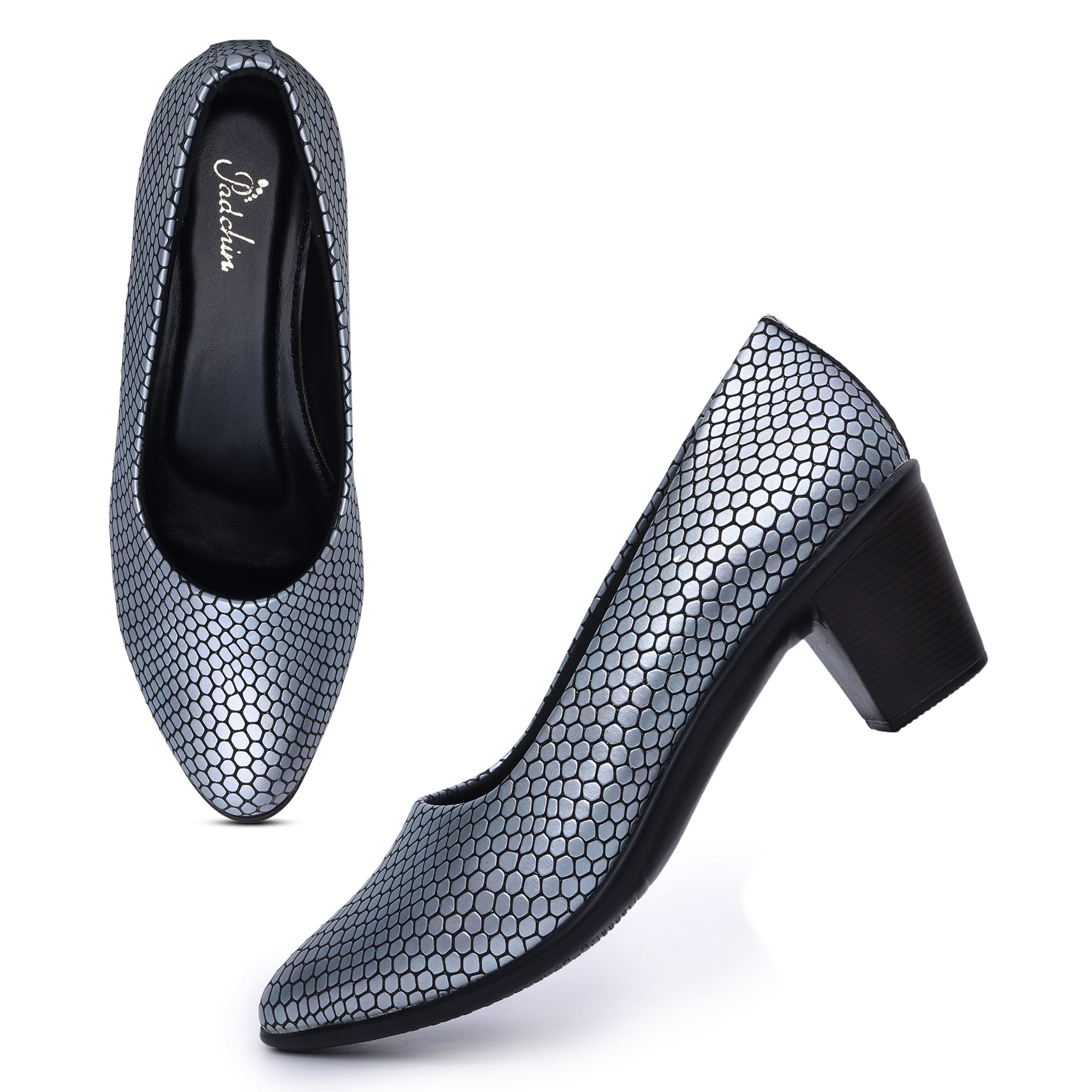 Round Toe Textured Block Heel Pumps