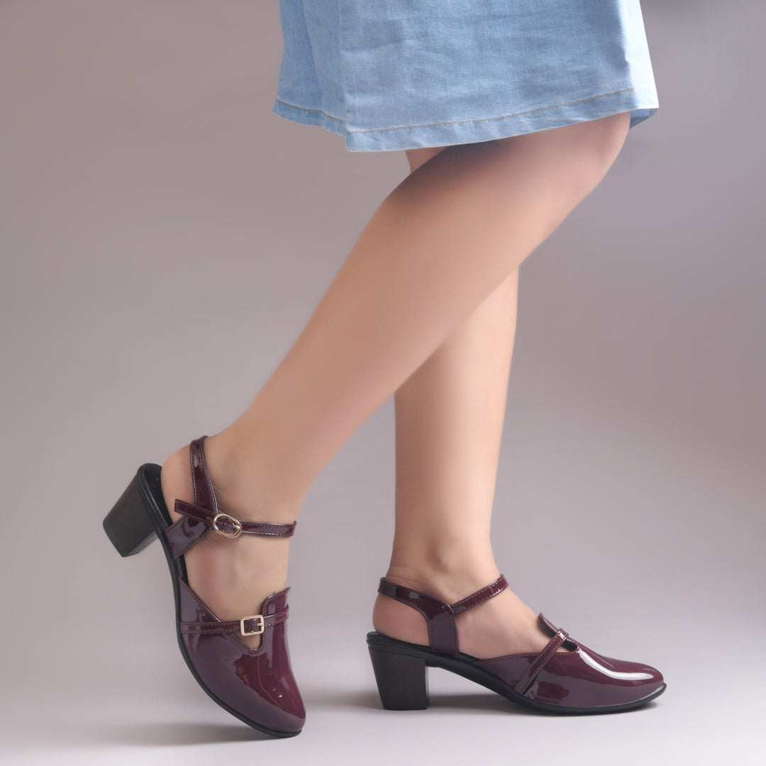 Women's Patent Leather Finish Mary Jane Slingback Block Heels Pumps