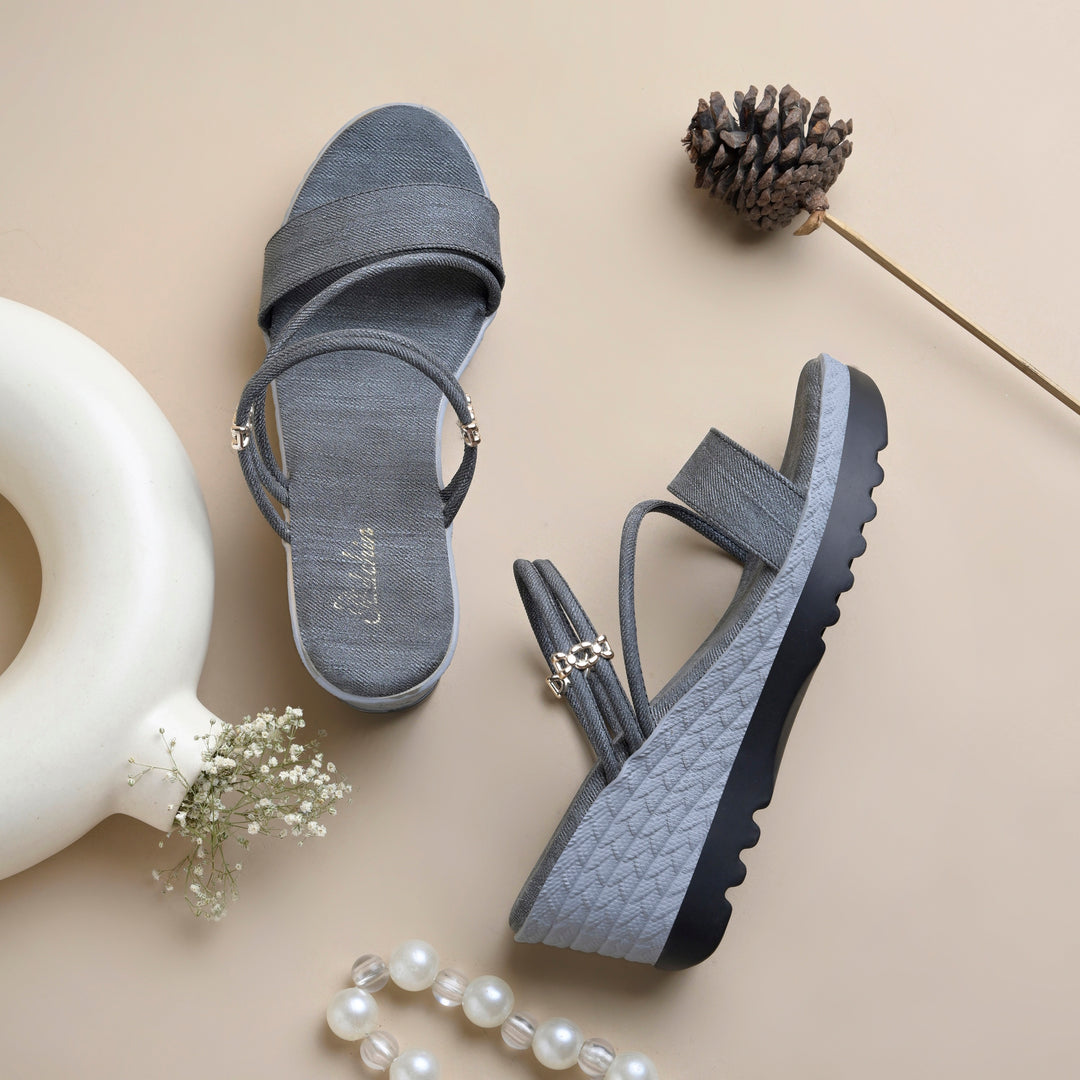 Women’s Denim-Textured Wedge Heel Slip-On Sandals