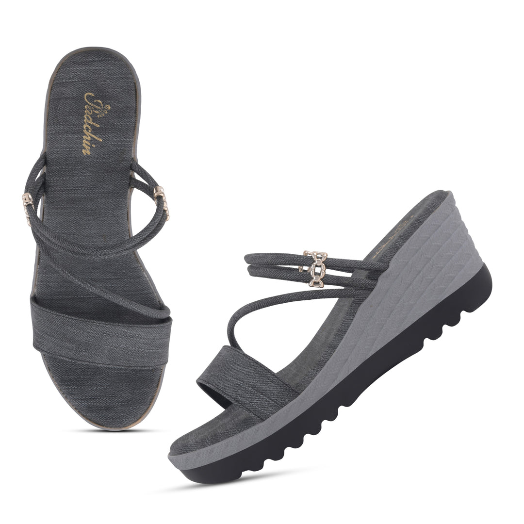 Women’s Denim-Textured Wedge Heel Slip-On Sandals