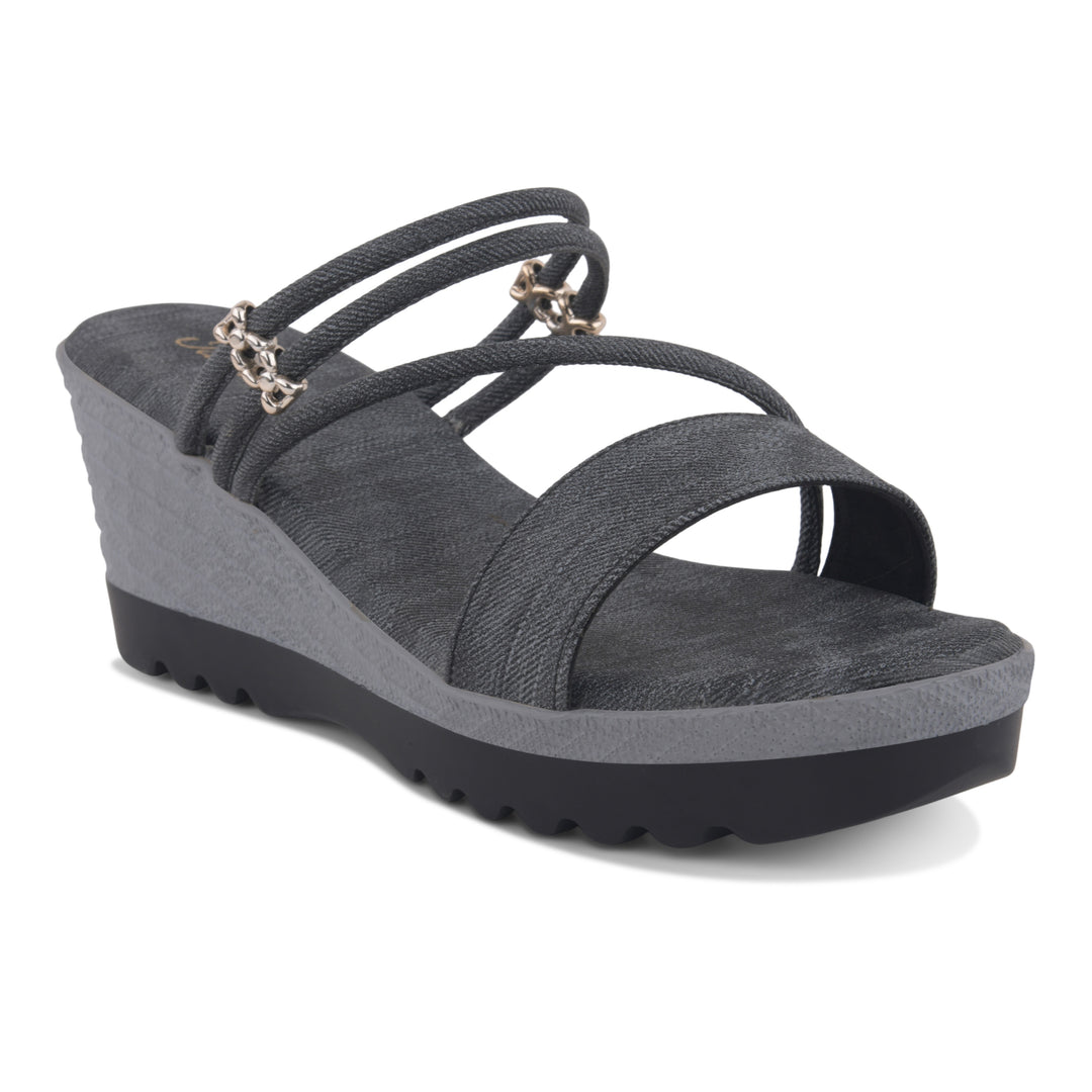 Women’s Denim-Textured Wedge Heel Slip-On Sandals