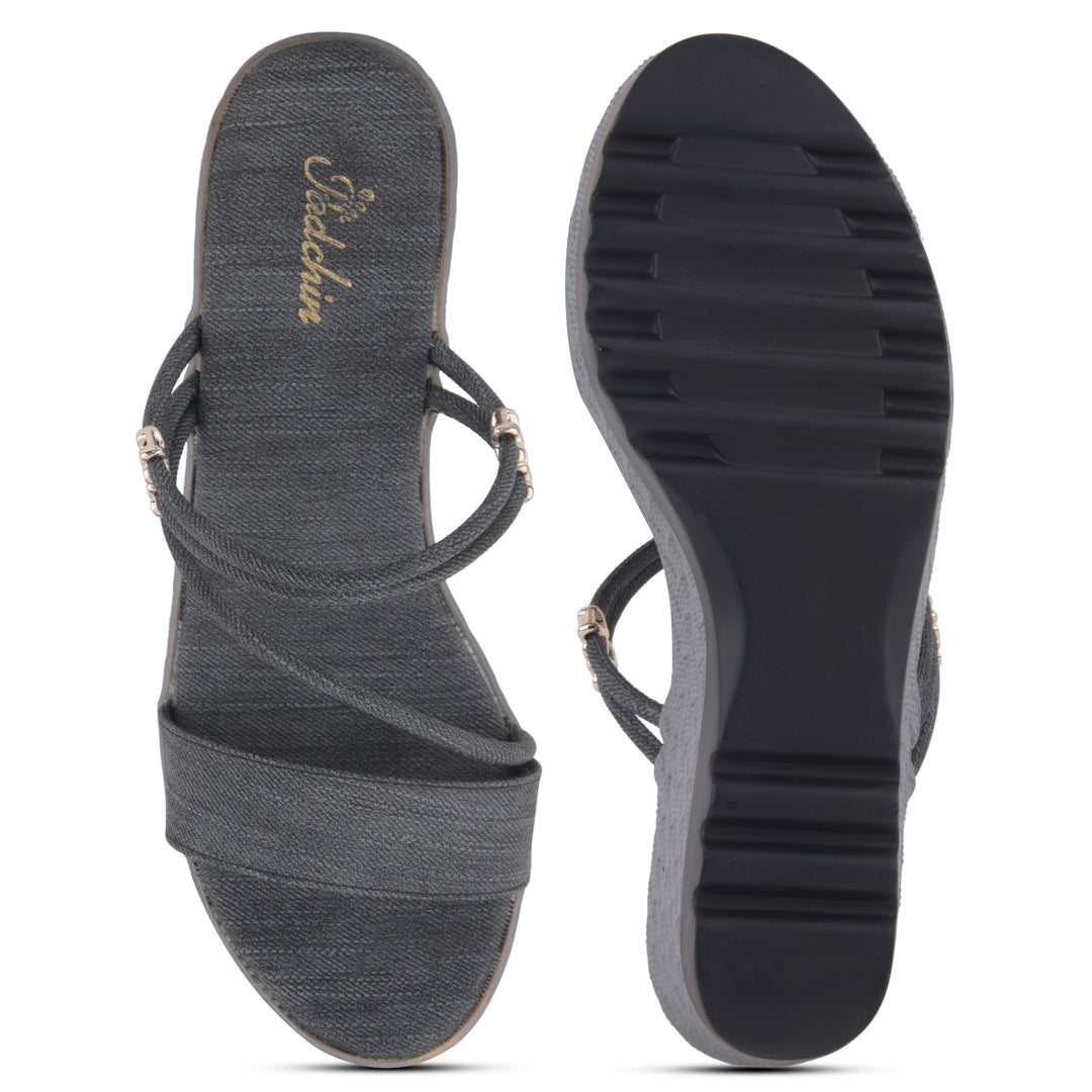 Women’s Denim-Textured Wedge Heel Slip-On Sandals