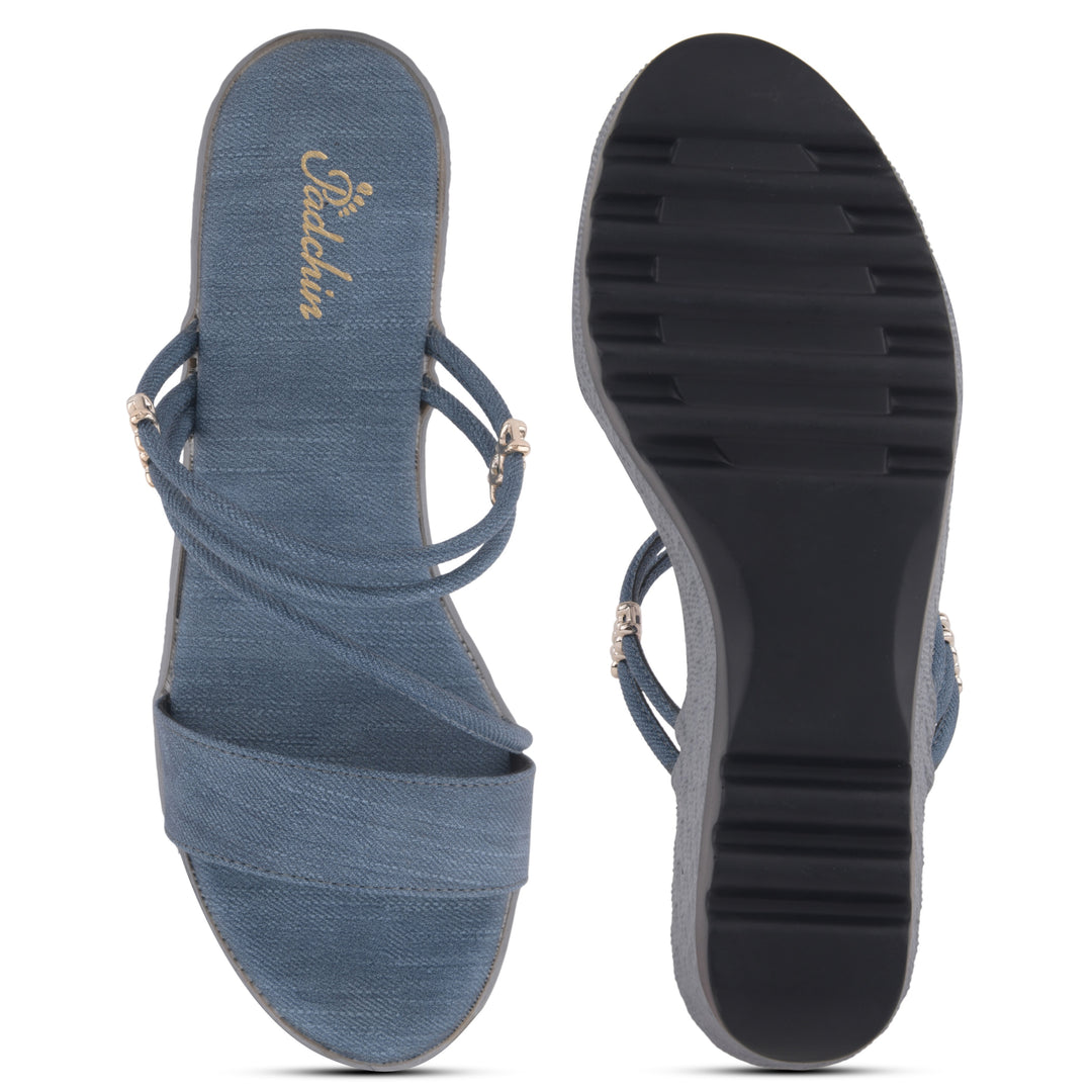Women’s Denim-Textured Wedge Heel Slip-On Sandals