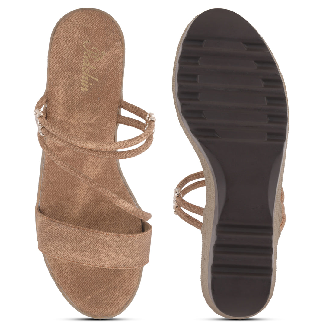 Women’s Denim-Textured Wedge Heel Slip-On Sandals