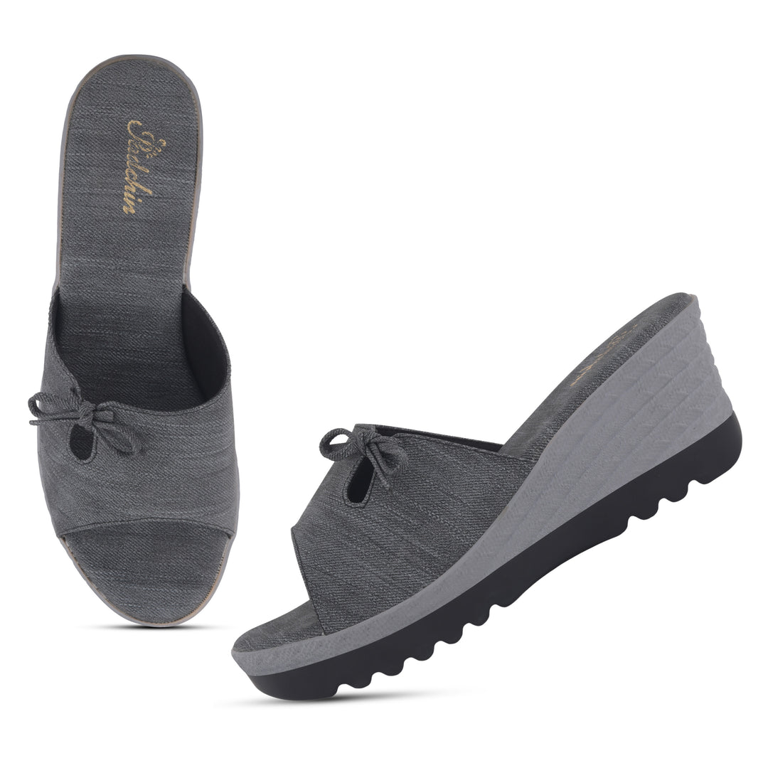 Women's Textured Wedge Heel Slide Sandals with Bow Detail