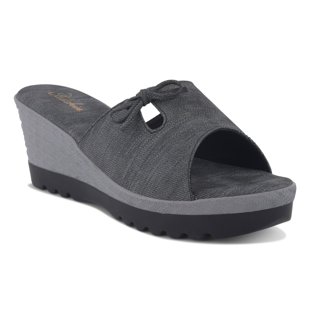 Women's Textured Wedge Heel Slide Sandals with Bow Detail