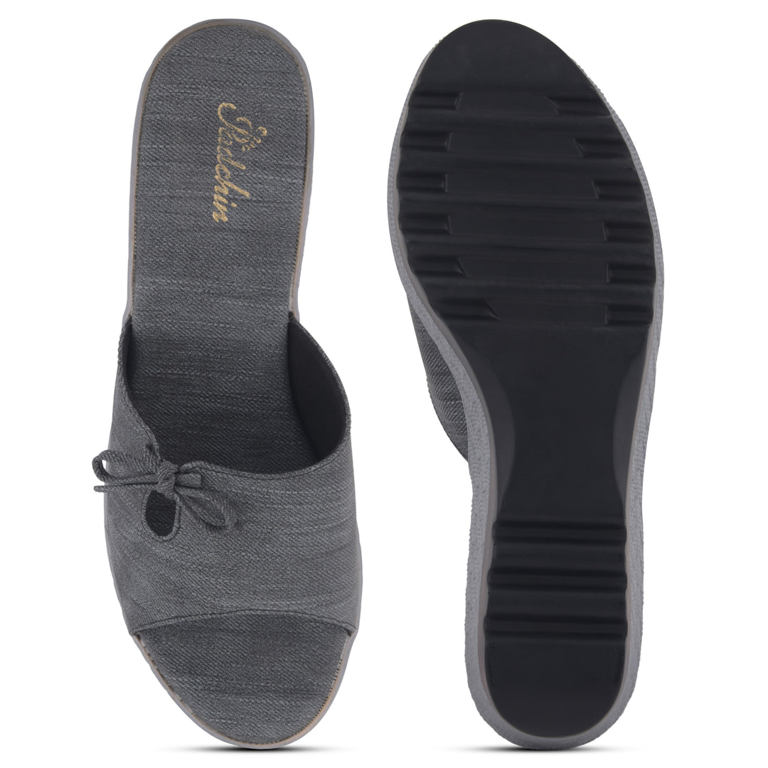 Women's Textured Wedge Heel Slide Sandals with Bow Detail