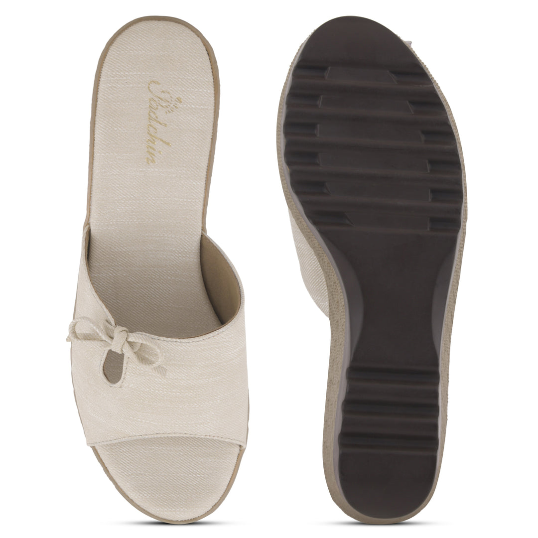 Women's Textured Wedge Heel Slide Sandals with Bow Detail