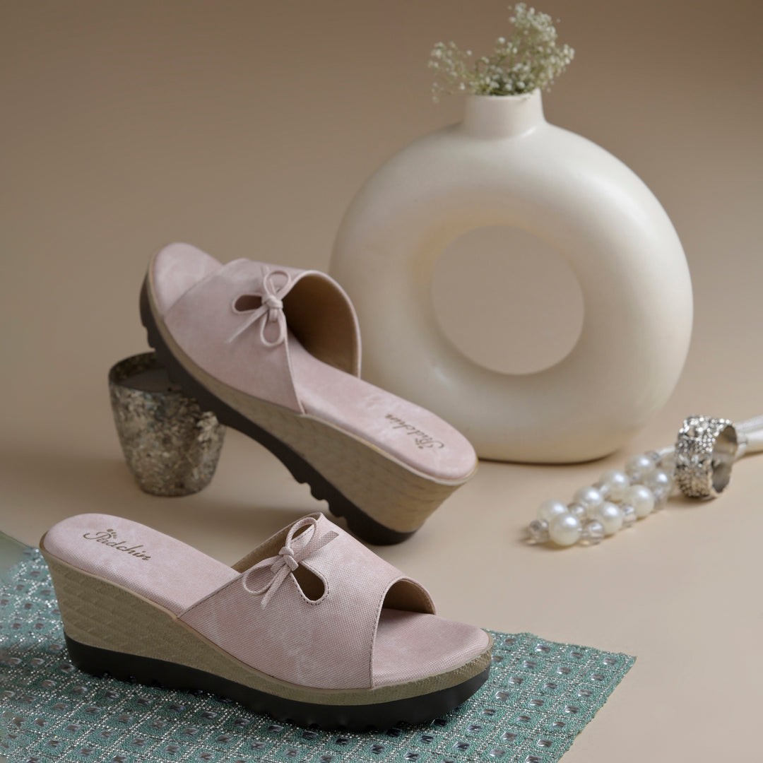 Women's Textured Wedge Heel Slide Sandals with Bow Detail