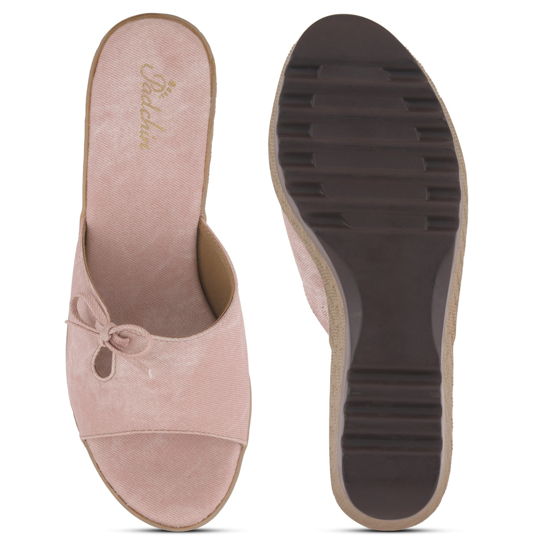 Women's Textured Wedge Heel Slide Sandals with Bow Detail
