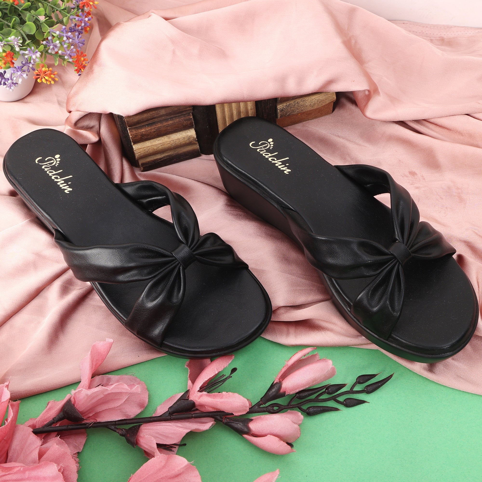 Indiamart Black Leather Slippers Womens Smart Casual Open Toe