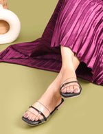Load image into Gallery viewer, Padchin Women&#39;s Transparent Square Toe Flats | Stylish Slip-On Platform Slippers with Belt Design
