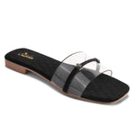 Load image into Gallery viewer, Padchin Women&#39;s Transparent Square Toe Flats | Stylish Slip-On Platform Slippers with Belt Design
